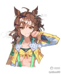  1girl absurdres ahoge animal_ears bandeau braid breasts brown_hair collarbone cropped_torso drunontry grin hair_between_eyes hair_ornament hairclip half_up_half_down_braid highres horse_ears horse_girl jacket jewelry jungle_pocket_(champion's_battle_cry)_(umamusume) jungle_pocket_(umamusume) long_sleeves looking_at_viewer medium_hair notched_ear open_clothes open_mouth simple_background skirt small_breasts smile solo suspender_skirt suspenders teeth umamusume white_background yellow_bandeau yellow_eyes yellow_jacket 