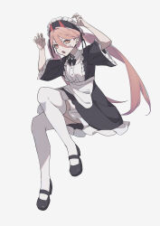  1girl absurdres apron black_bow black_dress blonde_hair blush bow chainsaw_man commentary_request cross-shaped_pupils demon_girl demon_horns dress frilled_apron frilled_dress frills hair_between_eyes hands_up highres horns jfzy020416 long_hair looking_at_viewer maid maid_apron maid_headdress open_mouth power_(chainsaw_man) puffy_short_sleeves puffy_sleeves red_horns short_sleeves simple_background solo symbol-shaped_pupils thigh-highs twintails waist_apron white_apron white_thighhighs 