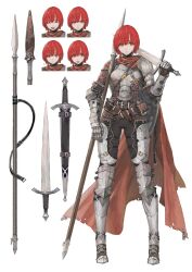  1girl :d angry armor armored_boots asymmetrical_clothes belt belt_buckle belt_pouch black_pants boots breastplate brown_belt buckle cape closed_mouth commentary_request cuisses eyelashes fantasy frown full_body gauntlets greaves hair_between_eyes hair_ornament hairclip hand_up highres holding holding_polearm holding_sword holding_weapon jun_(navigavi) knee_guards leather leather_armor looking_to_the_side making-of_available multiple_expressions multiple_views nose open_mouth original over_shoulder pants parted_lips pauldrons plackart plate_armor polearm pouch red_cape red_eyes red_hair reference_sheet revision sabaton scabbard serious sheath sheathed shield shield_on_back short_hair short_sleeves shoulder_armor simple_background single_pauldron smile spear spear_(navigavi) standing surprised sword sword_over_shoulder teeth torn_cape torn_clothes weapon weapon_over_shoulder white_background worried 