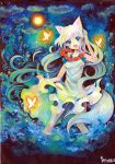  animal_ears butterfly cat_ears cloud clouds colored_pencil_(medium) dress dress_lift flower flower_necklace fox_ears fox_tail full_moon jewelry long_hair marker_(medium) moon mosho necklace original sky solo tail traditional_media watercolor_(medium) wolf_ears wolf_tail 