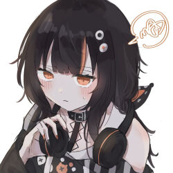  1girl ahoge animal_ear_headphones animal_ears bare_shoulders belt_collar black_choker black_hair black_nails black_sweater cat_ear_headphones cat_ears choker closed_mouth collar commentary_request eyeball_hair_ornament fake_animal_ears headphones headphones_around_neck highres kasai_(ksichan_25) long_sleeves looking_at_viewer mahou_shoujo_no_majo_saiban multicolored_hair nail_polish off-shoulder_sweater off_shoulder orange_eyes orange_nails orange_streaks portrait sawatari_coco shirt short_hair simple_background single_bare_shoulder solo spoken_squiggle squiggle streaked_hair sweater white_background white_shirt 