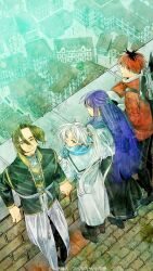 2boys 2girls abe_tsukasa axe battle_axe black_coat black_robe blue_scarf brick_floor brick_wall brown_hair building butterfly_hair_ornament capelet chimney coat commentary_request cropped day double-sided_axe duplicate earrings elf facial_hair fern_(sousou_no_frieren) frieren full_body green_eyes hair_ornament highres house jacket jewelry knit_scarf long_hair long_sleeves looking_at_viewer multiple_boys multiple_girls official_art official_wallpaper on_rooftop outdoors parted_bangs pointy_ears purple_hair purple_scarf red_hair red_jacket robe rooftop scarf sein_(sousou_no_frieren) short_hair sousou_no_frieren stark_(sousou_no_frieren) straight_hair twintails weapon white_hair 