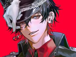  1boy black_hair black_hat blush cherry commentary food fruit gloves hat highres holding holding_food holding_fruit jacket long_sleeves male_focus multicolored_hair red_eyes red_hair rex_(silver_palace) silver_palace solo sweetheartpp4 untranslatable_commentary 