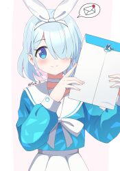 1girl arona_(blue_archive) blue_archive blue_eyes blue_hair blue_shirt blush choker closed_mouth colored_inner_hair commentary_request envelope hair_over_one_eye hairband highres holding holding_envelope long_sleeves looking_at_viewer multicolored_hair pink_hair pleated_skirt reia_76 sailor_collar school_uniform serafuku shirt short_hair simple_background skirt smile solo spoken_object twitter_username two-tone_hair white_choker white_hairband white_sailor_collar white_skirt 