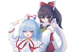 2girls ascot blue_hair blush bow box brown_eyes brown_hair capelet cheek_poking christmas commentary_request detached_sleeves fang frilled_bow frilled_hair_tubes frills gift gift_box hair_between_eyes hair_bow hair_tubes hakurei_reimu highres long_hair medium_hair multiple_girls open_mouth pointing poking red_bow red_eyes red_skirt reinoni remilia_scarlet scarf simple_background skin_fang skirt skirt_set smile textless_version touhou white_ascot white_background white_capelet white_scarf yellow_ascot 