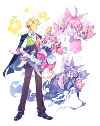  1boy 2girls ahoge animal_ears bell black_eyes black_jacket black_shoes blonde_hair blush_stickers brown_pants carrying carrying_person cat_ears cat_girl cat_tail closed_eyes collared_shirt commentary deltarune fang flower flower_on_head flowery_(deltarune) ghost_pink_(deltarune) ghost_tail gloves green_eyes green_vest hair_bell hair_ornament heart heart_tail highres holding holding_staff jacket jacket_on_shoulders long_hair mad_mew_mew multiple_girls orange_vest pants pink_hair puff_of_air purple_hair shirt shoes skin_fang staff stiff_tail tail thick_eyebrows utdr_(toby_fox) vest white_gloves white_shirt wifi12341234 yellow_flower 