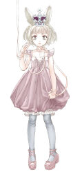  animal_ears ballerina ballet_slippers bare_arms blonde_hair blunt_bangs bubble_skirt commentary cross-laced_clothes cross-laced_dress cross-laced_shoes crown dress green_eyes grey_pantyhose lolita_fashion low_block_heels neck_ribbon original pantyhose parted_lips pink_dress rabbit_ears ribbon ryuuran shoes short_hair simple_background skirt sleeveless sleeveless_dress sweet_lolita white_background wrist_ribbon 