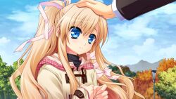  1boy 1girl akashi_kokoro black_shirt black_sleeves blonde_hair blue_eyes buttons closed_mouth clouds cloudy_sky coat day duffel_coat forest game_asset hair_ribbon half_updo hand_on_another's_head hands_up hood hoodie lamppost long_hair long_sleeves looking_at_another minase_lin mountain nature non-web_source orange_memories outdoors palms_together pink_ribbon ribbon self-datamine shirt side_ponytail sky tree tress_ribbon turtleneck wavy_hair white_sleeves yellow_coat 
