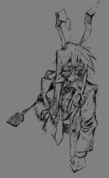  1girl angry animal_ears breasts cigarette clenched_hand crescent flyswatter hand_on_own_hip long_hair looking_over_eyewear necktie rabbit_ears reisen_udongein_inaba small_breasts submarinechamomile touhou 