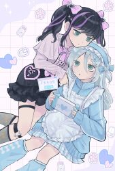  2channel 2girls alternate_hair_color apron bags_under_eyes black_hair black_skirt blue_bow blue_jacket blue_skirt blue_socks bow bowtie buttons center_frills character_hair_ornament collared_shirt commentary_request dual_persona error_message floral_background flower_symbol frilled_apron frilled_skirt frills green_eyes grey_hair grey_shirt grey_socks grid_background hair_between_eyes hair_bow hair_ornament hairclip handheld_game_console heart heart_background heart_hair_ornament heart_o-ring highres holding holding_handheld_game_console jacket jirai_kei kuroki_tomoko long_hair long_sleeves looking_at_another looking_down looking_up loose_socks maid_apron maid_headdress multicolored_hair multiple_girls nuka_(nukamochi) o-ring o-ring_thigh_strap official_alternate_costume official_alternate_hair_color official_alternate_hairstyle pill pill_bottle pink_bow pink_bowtie plaid_clothes plaid_skirt pleated_skirt pointing print_socks purple_hair shirt shoboon sidelocks skirt skirt_bow socks sparkle thigh_strap track_jacket triangle_mouth twintails two-tone_hair upwards_triangle_mouth watashi_ga_motenai_no_wa_dou_kangaetemo_omaera_ga_warui! white_apron window_(computing) zipper_pull_tab 