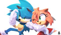  1boy 1girl aioles amy_rose animal_nose black_nose blue_fur dress eyelashes furry furry_female furry_male gloves green_eyes grid_teeth hedgehog_boy hedgehog_girl highres one_eye_closed pink_fur red_dress short_tail sonic_(series) sonic_the_hedgehog tail white_background white_gloves 