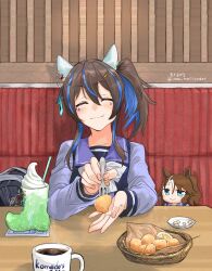  1girl absurdres animal_ears bag blue_hair blush bow bowtie brown_hair character_doll closed_eyes closed_mouth cup daitaku_helios_(umamusume) doll ear_covers eating facial_tattoo food fork hair_between_eyes hair_ornament hairclip highres holding holding_fork horse_ears horse_girl long_hair mejiro_palmer_(umamusume) multicolored_hair purple_sailor_collar purple_shirt sailor_collar sailor_shirt school_bag school_uniform shirt side_ponytail smile solo star_(symbol) star_hair_ornament streaked_hair tattoo tracen_school_uniform uma_motiyodor umamusume white_bow white_bowtie 