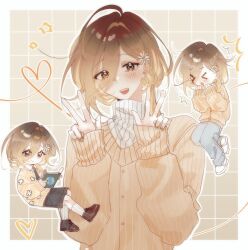  >_< 1boy :d ^^^ ahoge blue_shorts blush brown_eyes brown_hair brown_shoes cardigan commentary degrees_of_lewdity double-parted_bangs double_v english_commentary eyes_visible_through_hair flower_hairpin gradient_hair grid_background hair_between_eyes hair_intakes hands_up heart heart_of_string highres kneehighs long_hair long_hair_between_eyes looking_at_viewer low_ponytail male_focus multicolored_hair multiple_views okki_home outline ponytail robin_(degrees_of_lewdity) robin_(male)_(degrees_of_lewdity) shoes shorts simple_background sitting sleeves_past_wrists smile socks star_(symbol) upper_body v v-neck white_outline white_socks yellow_cardigan 