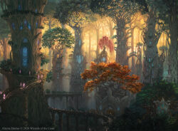  alayna_danner architecture artist_name bridge cityscape commentary concept_art copyright_notice english_commentary fantasy forest highres magic:_the_gathering nature no_humans scenery tree 