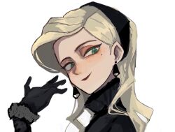  1girl alternate_costume black_gloves black_hairband blonde_hair cassandra_vole closed_mouth commentary_request danielpagelover eyeshadow fur-trimmed_sleeves fur_trim gloves green_eyes hairband harry_potter:_magic_awakened harry_potter_(series) long_hair looking_at_viewer makeup mole mole_under_eye simple_background smile solo white_background wizarding_world 