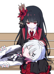  2girls absurdres armband bench beret black_capelet black_choker black_coat black_hair black_hat black_shirt black_skirt capelet choker closed_eyes closed_mouth coat collared_coat collared_shirt commentary_request crown flower flower-trimmed_sleeves gradient_hair hair_flower hair_ornament hat hat_flower hat_ribbon headpat highres lap_pillow layered_skirt lee0fld long_hair long_skirt long_sleeves lying_on_lap mahou_shoujo_no_majo_saiban mini_crown multicolored_hair multiple_girls neck_ribbon necktie nikaido_hiro overskirt pink_hair plaid_clothes plaid_necktie plaid_skirt pleated_skirt red_armband red_eyes red_flower red_necktie red_skirt ribbon sakuraba_ema shirt short_hair side_capelet simple_background sitting skirt sleeping sleeping_on_person sleeveless sleeveless_coat smile white_background white_flower white_hair white_ribbon white_shirt white_sleeves x_hair_ornament yuri 