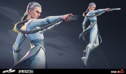  1girl absurdres aleksandra_alekseeva braid company_logo company_name copyright_logo copyright_name envar_studio gradient_background grey_background grey_hair grey_theme hair_weapon highres holding holding_knife holding_own_hair invincible_(series) knife logo long_hair mature_female multiple_views official_art ponytail projected_inset promotional_art single_braid superhero_costume thula_(invincible) very_long_braid viltrumite viltrumite_clothes wind 
