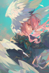  1other absurdres akiyama_mizuki aqua_background black_capelet black_dress boku_no_ashiato_kimi_no_yukusaki_(project_sekai) bow broken_horn capelet commentary_request demon_girl demon_horns dress feathered_wings green_bow hair_between_eyes head_wings highres hlymoriia horns long_hair long_sleeves looking_at_viewer official_alternate_costume official_alternate_hairstyle parted_lips pink_eyes pink_hair project_sekai solo upper_body white_wings wings 