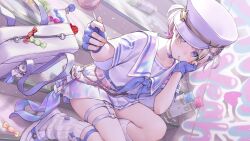  1girl bag blonde_hair choker fingerless_gloves food food_in_mouth game_asset gloves hand_up hat highres holding holding_food holding_popsicle hololive hololive_dev_is hololive_dreams looking_at_viewer loose_socks miniskirt multicolored_hair ne-on neckerchief non-web_source o-ring o-ring_thigh_strap official_alternate_costume official_art peaked_cap pleated_skirt popsicle popsicle_in_mouth purple_gloves purple_hair purple_neckerchief ribbed_socks sailor_collar school school_bag school_uniform second-party_source self-datamine serafuku shirt shoes short_hair sitting sitting_on_stairs skirt socks solo stairs streaked_hair thigh_strap todoroki_hajime todoroki_hajime_(bancho's_soft_grace) two_side_up violet_eyes virtual_youtuber white_choker white_hat white_sailor_collar white_serafuku white_shirt white_shoes white_skirt white_socks 