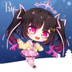  1girl :d black_bow black_bowtie body_markings bow bowtie brown_hair buttons cardigan character_name chibi chibi_only cleavage_cutout clothing_cutout commentary crown english_commentary fish floating_crown footwear_bow frilled_sailor_collar frilled_skirt frills full_body gradient_hair hair_ornament hair_ribbon halo heart high_collar highres himemiya_rie himemiya_rie_(1st_costume) long_hair long_sleeves looking_at_viewer miniskirt mole mole_under_eye multicolored_hair official_art open_cardigan open_clothes open_mouth phase_connect pine_tree pink_bow pink_eyes pink_hair pink_halo pink_ribbon pink_sailor_collar pink_skirt pink_streaks pink_thighhighs plaid_clothes plaid_skirt ribbon sailor_collar second-party_source shoes sidelocks skirt skirt_bow sleeves_past_wrists smile snow snow_sculpture snowflakes solo streaked_hair thigh-highs thigh_bow thigh_strap tree twintails virtual_youtuber wafflegrab white_shoes winged_halo yellow_cardigan zettai_ryouiki 