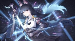  1girl animal_ear_fluff animal_ears aqua_jacket arm_out_of_sleeve belt black_gloves black_hair black_necktie black_skirt butterspoon closed_mouth commentary_request cowboy_shot dark_background fingerless_gloves fox_ears fox_girl gauntlets gloves glowing glowing_sword glowing_weapon high-waist_skirt highres holding holding_sword holding_weapon hoshimi_miyabi id_card jacket katana light_trail long_hair necktie red_eyes sheath shirt shirt_tucked_in single_fingerless_glove single_gauntlet skirt solo sword twitter_username unsheathing weapon white_shirt zenless_zone_zero 