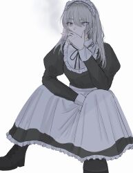  1girl black_dress black_shoes cigarette commentary_request dress girls_band_cry grcr_pometa1118 grey_hair highres holding holding_cigarette invisible_chair juliet_sleeves kawaragi_momoka long_hair long_sleeves maid maid_headdress multicolored_hair one-hour_drawing_challenge puffy_sleeves roots_(hair) shoes simple_background sitting smoking solo white_background 