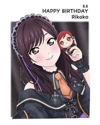  1girl absurdres aida_rikako birthday blush border brown_eyes brown_hair character_name commentary dated english_text grey_nails happy_birthday highres holding long_hair looking_at_viewer love_live! love_live!_sunshine!! maine0104 real_life sakurauchi_riko smile solo twitter_username upper_body voice_actor voice_actor_connection white_border 