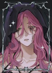  1girl alien_stage aosenai black_veil black_wings commentary demon_girl demon_horns demon_wings english_commentary highres horns long_hair looking_to_the_side makeup mizi_(alien_stage) parted_lips pink_hair runny_makeup solo veil wings yellow_eyes 