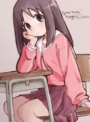  1girl absurdres azumanga_daioh brown_eyes brown_hair chair closed_mouth desk feet_out_of_frame grey_background hand_on_own_cheek hand_on_own_face head_rest highres kasuga_ayumu long_hair long_sleeves looking_at_viewer on_chair pink_shirt pleated_skirt sailor_collar school_chair school_desk school_uniform serafuku shirt simple_background sitting skirt solo sukato_(sukato_) white_sailor_collar winter_uniform 