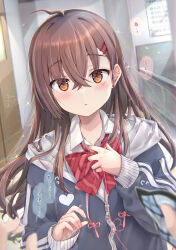  1girl 1other :o ahoge blush bow brown_eyes brown_hair collared_shirt commentary_request diagonal-striped_bow drawstring dress_shirt earrings flying_sweatdrops grey_jacket hair_ornament hairclip highres holding indoors jacket jewelry long_hair long_sleeves looking_at_viewer maruma_(maruma_gic) original parted_lips puffy_long_sleeves puffy_sleeves red_bow shirt sleeves_past_wrists solo_focus string string_around_finger string_of_fate striped_bow stud_earrings tears translation_request upper_body very_long_hair white_shirt 