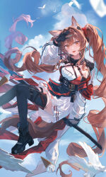  1girl :d absurdres angelina_(arknights) angelina_the_mellow_wish_(arknights) animal_ear_fluff animal_ears arknights bird black_collar black_gloves black_hairband black_thighhighs blue_sky brown_eyes brown_hair chenmu_sora chinese_commentary collar commentary_request day detached_sleeves dress earpiece floating_hair fox_ears fox_girl full_body gloves hair_between_eyes hairband hand_up highres infection_monitor_(arknights) long_hair long_sleeves looking_at_viewer midair multicolored_hairband open_mouth outdoors sitting sky smile solo staff_riding thigh-highs twintails two-tone_hairband very_long_hair white_dress 