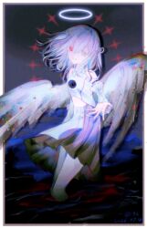  1girl absurdres angel angel_wings blurry chinese_commentary chromatic_aberration commentary_request detached_sleeves glitch grey_eyes halo heterochromia highres isekaijoucho jiuyi9109 kamitsubaki_studio looking_at_viewer medium_hair reaching reaching_towards_viewer red_eyes skirt smile solo wading white_hair white_wings wings 