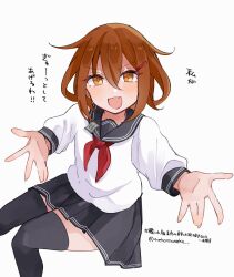  1girl black_sailor_collar black_skirt black_thighhighs commentary_request dated fang feet_out_of_frame hair_between_eyes hair_flaps highres hugging_viewer ikazuchi_(kancolle) invisible_chair kantai_collection mia_umauma neckerchief one-hour_drawing_challenge orange_eyes pleated_skirt red_neckerchief sailor_collar sailor_shirt school_uniform serafuku shirt short_hair sitting skin_fang skirt smile solo thigh-highs translation_request twitter_username white_shirt 