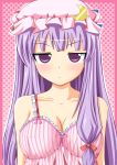  bare_shoulders bow breasts bust chemise cleavage close-up collarbone crescent face flat_gaze frown hair_bow hat highres long_hair neats patchouli_knowledge purple_eyes purple_hair solo touhou very_long_hair violet_eyes 