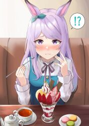  !? 1girl animal_ears blush booth_seating casual commentary_request couch cup dress drinking_glass food fruit highres holding holding_spoon horse_ears horse_girl ice_cream indoors long_hair long_sleeves looking_at_viewer macaron mejiro_mcqueen_(casual)_(umamusume) mejiro_mcqueen_(umamusume) nida_keita official_alternate_costume parfait parfait_glass purple_hair restaurant ribbon shirt sitting sleeveless sleeveless_dress smile spoon strawberry tea teacup teapot umamusume violet_eyes wafer_stick white_shirt 