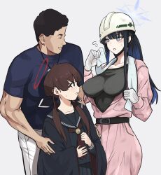  1boy 2girls absurdres belt black_belt black_eyes black_hair black_ribbon black_sailor_collar black_serafuku black_shirt blue_archive blue_eyes blue_hair blue_halo blue_shirt breasts brown_hair closed_mouth commentary_request crossover dirty dirty_face doodle_sensei_(blue_archive) flying_sweatdrops gloves hair_ribbon halo hand_on_another's_arm helmet high_ponytail highres jumpsuit lanyard large_breasts long_hair low_twintails manatsu_no_yo_no_inmu multicolored_hair multiple_girls muscular muscular_male neckerchief ohitome_kohane open_jumpsuit pants paper_on_head pink_jumpsuit ponytail project_kv red_halo red_neckerchief ribbon sailor_collar saori_(blue_archive) school_uniform sensei_(blue_archive) serafuku shirt short_hair sweatdrop towel towel_around_neck twintails udaijin white_background white_gloves white_helmet white_mouth white_pants yajuu_senpai 