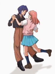  2girls aged_up ayatsumugi_roka black_shirt black_shoes blue_skirt blush bracelet brown_pants brown_shoes cho_kaguya-hime! closed_mouth commentary green_eyes hand_on_another's_waist harurushi highres jewelry long_hair mole mole_under_eye multiple_girls pants pink_hair pink_sweater_vest pleated_skirt purple_hair sakayori_iroha shadow shirt shoes skirt smile sweater_vest white_shirt yuri 