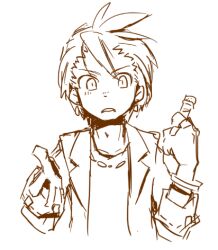 1boy coat collarbone commentary_request earrings hair_between_eyes hands_up holding holding_test_tube jewelry lab_coat looking_at_viewer lowres male_focus medic_(sekaiju) medic_3_(sekaiju) monochrome motimamire open_clothes open_coat sekaiju_no_meikyuu sekaiju_no_meikyuu_1 short_hair simple_background sketch solo test_tube upper_body white_background 