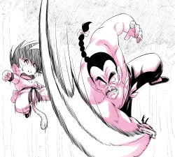  abs amayuki318 angry belt black_belt black_pants braid commentary_request dodging dougi dragon_ball dragon_ball_(classic) facial_hair fighting fighting_stance highres holding holding_sword holding_weapon jumping long_hair martial_arts_belt monkey_tail mustache open_mouth pants raised_eyebrows simple_background sleeveless son_goku surprised sword tail tao_pai_pai thick_eyebrows topless_male weapon white_background white_belt wristband 
