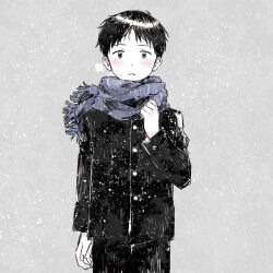  1boy black_hair black_jacket black_pants blue_eyes blush buttons choppy_bangs gakuran highres ikari_shinji jacket looking_at_viewer male_focus neon_genesis_evangelion pants scarf school_uniform snowing solo straight-on takuanoisi 