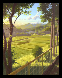  black_border blue_sky border clouds colorful commentary_request evening fence forest highres hill karanagi landscape nature no_humans original outdoors power_lines rice_paddy rural scenery signature sky tree utility_pole 