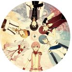  5boys animal_ears blonde_hair blue_hair bow cape circle circle_formation coat crossed_arms english eyes_closed female fingerless_gloves frown genderswap grief_seed grin haichi hat highres kaname_madoka kyubey kyuubee long_hair mahou_shoujo_madoka_magica miki_sayaka multiple_boys necktie open_mouth outstretched_arm personification pink_eyes pink_hair ponytail purple_eyes purple_hair red_eyes red_hair sakura_kyouko short_hair smile soul_gem tie tomoe_mami twintails vest white_hair wink yellow_eyes youichi_(bread1104) 