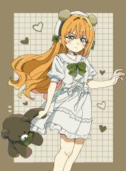  1girl alternate_costume alternate_hairstyle animal_ears bear_ears border bow bowtie brown_border casual choker closed_mouth collared_dress commentary cross-laced_clothes cross-laced_dress dalidari27 dress dress_ribbon fake_animal_ears feet_out_of_frame frilled_dress frills green_bow green_bowtie grid_background hair_between_eyes hair_down hair_intakes hand_up hat hat_bow heart highres holding holding_stuffed_toy inda_karane kimi_no_koto_ga_dai_dai_dai_dai_daisuki_na_100-nin_no_kanojo layered_dress long_hair orange_hair puffy_short_sleeves puffy_sleeves ribbon short_dress short_sleeves solo stuffed_animal stuffed_toy teddy_bear untranslatable_commentary v-shaped_eyebrows very_long_hair wavy_ends white_background white_choker white_dress white_hat white_ribbon yellow_eyes 