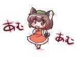  :3 animal_ears bowtie brown_eyes brown_hair candy cat_ears cat_tail chen chibi dress earrings hat jewelry lollipop maitora multiple_tails short_hair solo standing tail touhou 