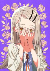  1girl @_@ absurdres blonde_hair brown_jacket camisole closed_mouth collarbone colored_eyelashes commentary_request crying crying_with_eyes_open earrings flipped_hair floral_background gakuen_idolmaster hair_ornament hairclip hands_on_own_face hands_up highres idolmaster jacket jewelry kaname_aizuki long_hair long_sleeves looking_at_viewer open_clothes open_jacket orange_eyes purple_background shinosawa_hiro solo teardrop tears upper_body white_camisole wide_sleeves 