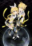  bad_id blonde_hair brother_and_sister detached_sleeves hair_ornament hair_ribbon hairclip headphones highres kagamine_len kagamine_len_(append) kagamine_rin kagamine_rin_(append) kyou_zip leg_warmers navel ribbon short_hair shorts siblings smile twins vocaloid vocaloid_append 
