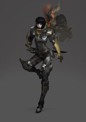  1girl arm_armor armor armored_boots belt belt_buckle belt_collar belt_pouch black_boots black_eyeliner black_hair black_pants black_shirt boots brown_pants buckle collar concept_art eyeliner face_harness green_scarf gunz_2_the_second_duel gunz_the_duel jerrypark lace-up_boots makeup multiple_belts ninja official_art pants pouch rivets scarf shirt short_hair shoulder_armor striped_clothes striped_scarf sword thigh_armor thigh_strap tight_clothes tight_shirt weapon yellow_scarf 