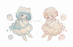  2girls accurate_lolita_coord animal back_bow blonde_hair blue_dress blue_eyes blue_hair blush bow brown_eyes cake cake_slice chiikawa chiikawa_(character) commentary crying crying_with_eyes_open dessert dress dual_persona food frilled_dress frilled_sleeves frills hachiware_(chiikawa) hair_bow hairband heart highres holding holding_animal layered_dress light_blush lolita_fashion lolita_hairband long_sleeves multiple_girls naiguozi open_mouth puffy_long_sleeves puffy_sleeves ribbon_trim romaji_text shoes short_hair strawberry_cake swiss_roll tears untranslatable_commentary white_background white_dress white_shoes 