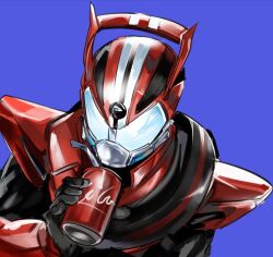  1boy animification blue_background can commentary english_commentary hand_up helmet holding holding_can kamen_rider kamen_rider_drive kamen_rider_drive_(series) kamen_rider_drive_(type_speed) machinegunmoon male_focus simple_background solo tokusatsu 