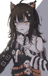  1girl ahoge animal_ear_headphones animal_ears arm_belt asymmetrical_sleeves bare_shoulders belt belt_collar black_choker black_hair black_nails black_sweater cat_ear_headphones cat_ears choker collar crying crying_with_eyes_open eyeball_hair_ornament fake_animal_ears headphones highres kasai_(ksichan_25) long_sleeves looking_at_viewer mahou_shoujo_no_majo_saiban multicolored_hair nail_polish off-shoulder_sweater off_shoulder orange_eyes orange_nails orange_streaks sawatari_coco shirt short_hair simple_background single_bare_shoulder skull solo streaked_hair striped_sleeves stuffed_animal stuffed_cat stuffed_toy sweater tears upper_body white_background white_shirt 